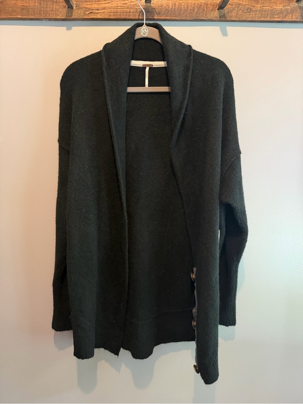 Free People Black Open-Front Shawl Cardigan with Side Button Accents
